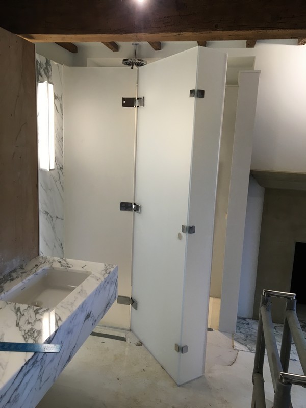 Bespoke frosted glass shower enclosure in London luxury bathroom